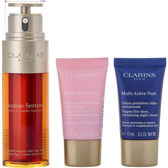 Clarins double serum 50ml + multi-active day cream ast 15ml + multi-active night cream n/c 15ml + double serum eye sachet 0.9ml -4pcs